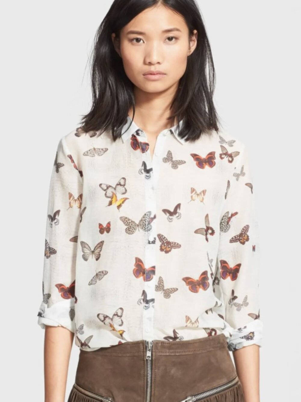 The Kooples White Button-Down Shirt with Multicolor Butterfly Print